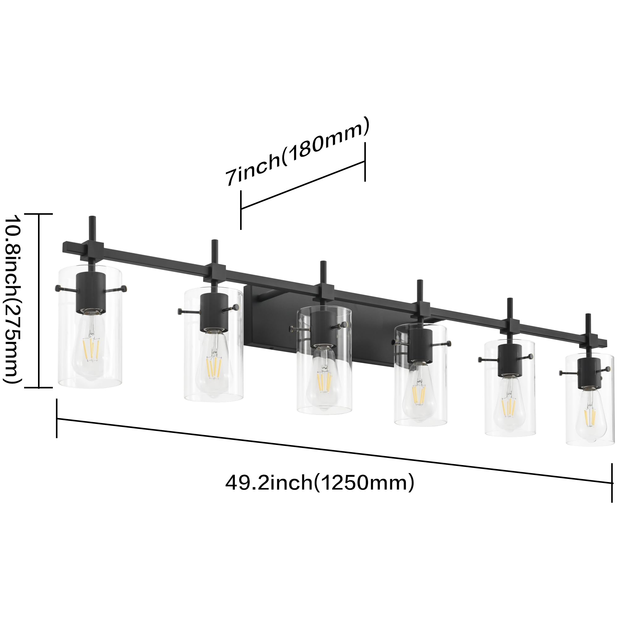 SOLFART 49.2" Black Vanity Light Fixture, 6 Lights, Glass Shade, Model 7200-6T-BK, Wall Light for Bathroom, Matt Black Finish
