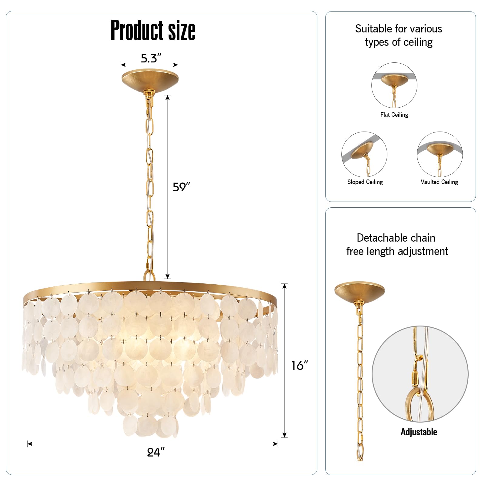 HLMRCHEN 24" Capiz Shell Chandelier, 5 Light Modern Coastal Fixture for Bedroom, Bathroom, Kitchen, Foyer - White Seashell Lighting