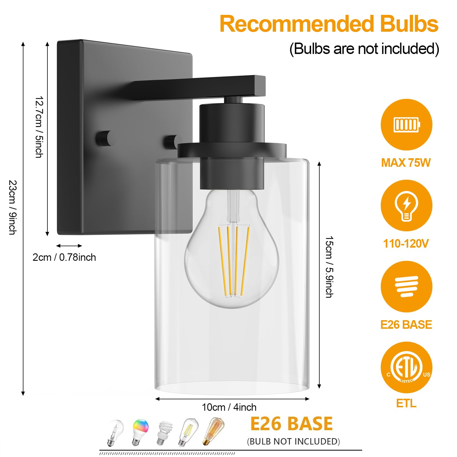 Wall Sconces Set Of 2 Matte Black Vanity Lights For Bathroom, Modern Wall Light Fixtures Sconce Lights Indoor With Clear Glass Farmhouse Wall Mount Lamp For Bedroom Mirror Living Room Hallway E26 Base