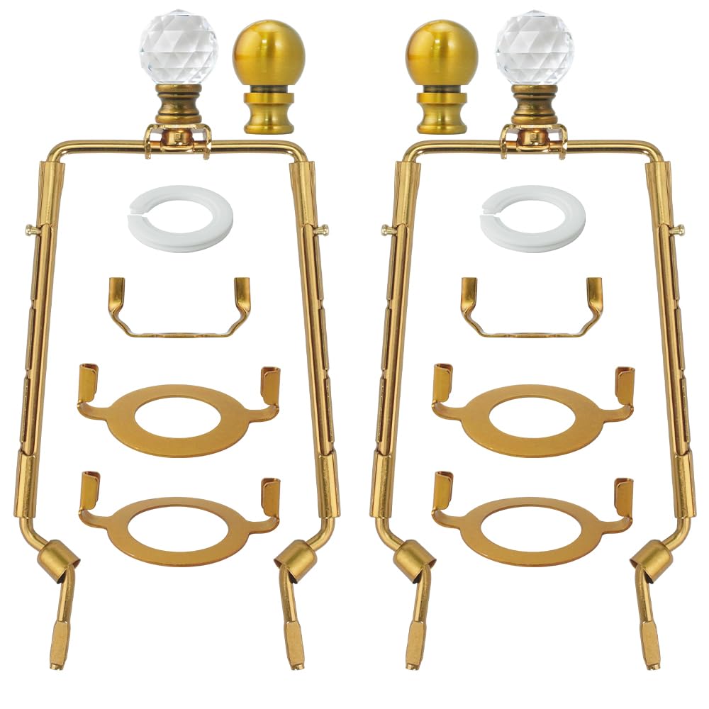 Asjeumt 8 9 10 11 inch Lamp Shade Harp Holder, 2 Set Antique Gold Adjustable Height Harp Kit with Crystal & Metal Finial, DIY Re