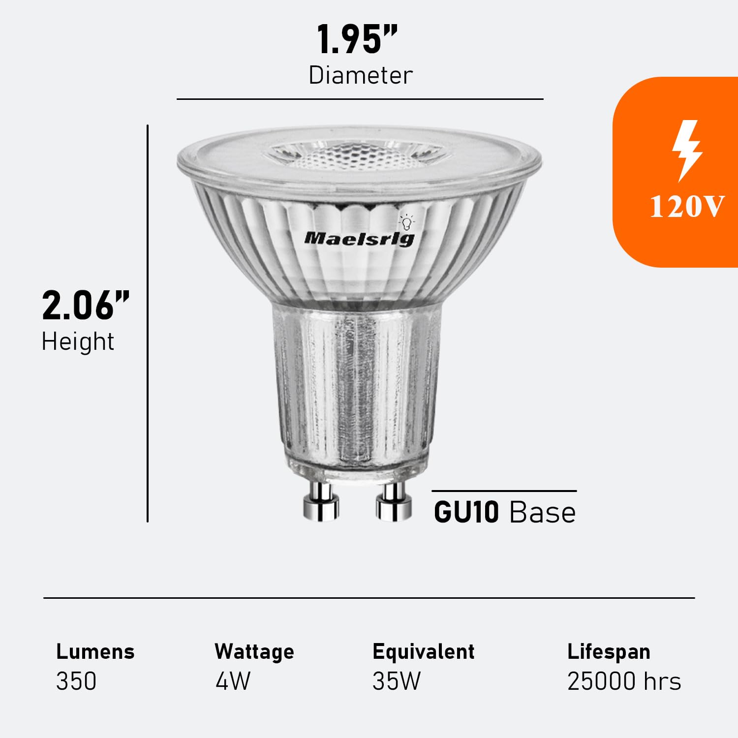Maelsrlg GU10 LED Bulb Dimmable 4W 350LM, 35W Equivalent, 90 CRI, Daylight 5000K, MR16 Base,