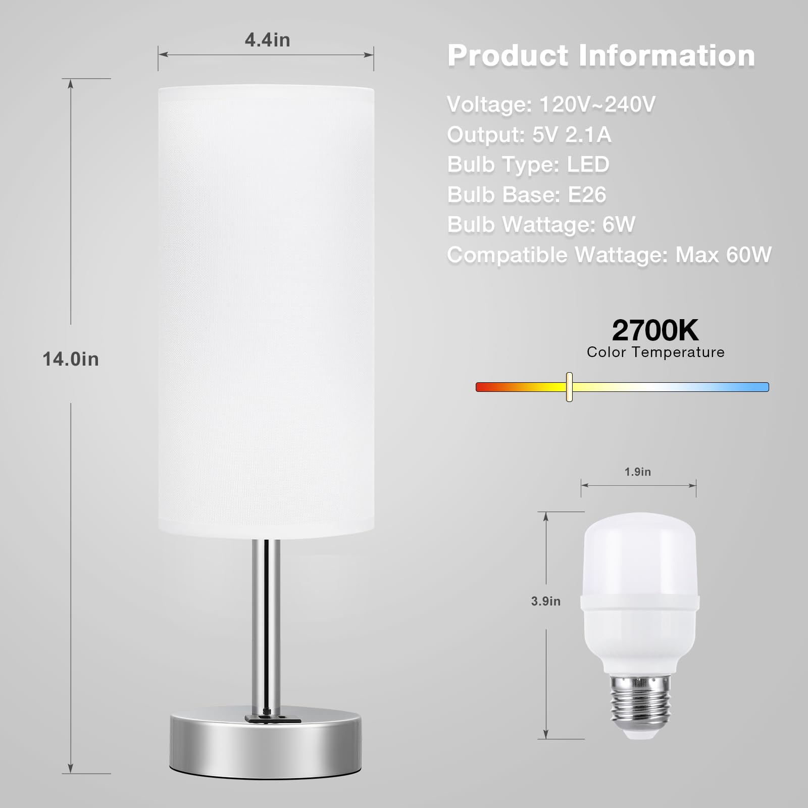 White Bedside Touch Table Lamps For Bedroom Nightstand With Usb-C Usb-A Charging Ports White, 3 Way Dimmable Control Small Lamp