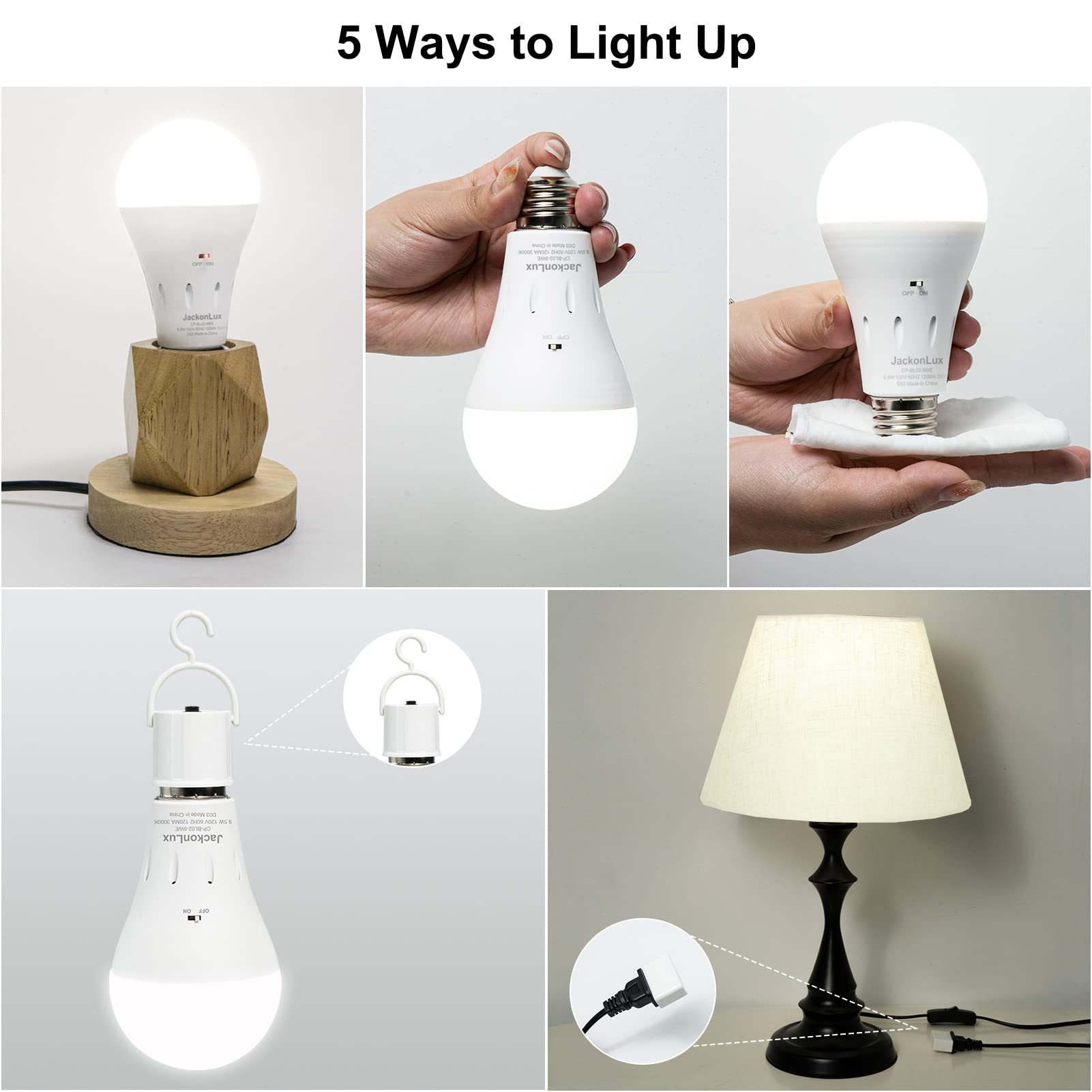 JackonLux Battery Operated Light Bulb E26 9W 3-Pack, Wireless Cordless, White with Indicator, Model CP-BL02-9WE-5000K