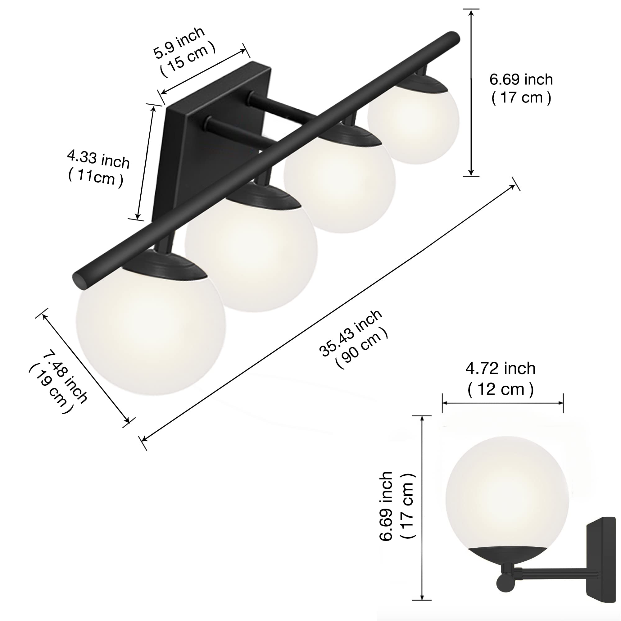 YHTlaeh New Bathroom Vanity Light Fixtures Matte Black Milk White Globe Glass Shade 4 Lights Modern Wall Bar Sconce Over Mirror(