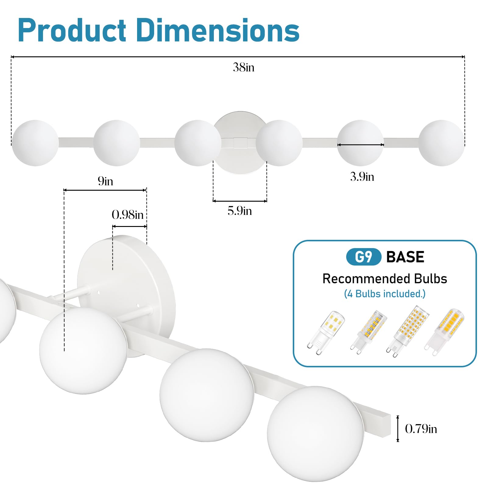 Lightdot 38'' 6-Light Modern Bathroom Vanity Light | Matte Gold Straight Frame With White Globe Water/Shatterproof Shades | Dimm