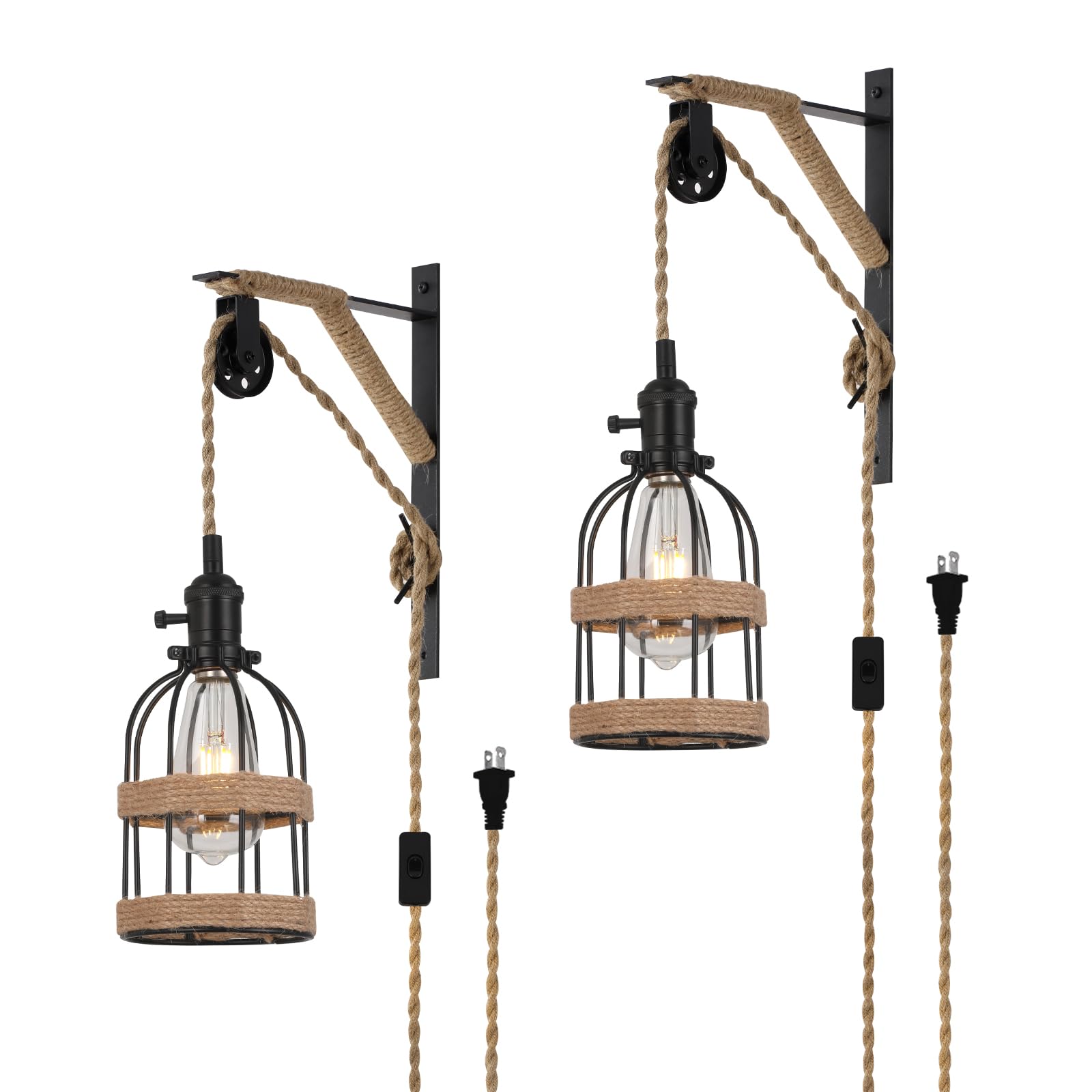 Seeblen Farmhouse Plug In Pendant Light Set Of 2, Black Industrial Metal Plug In Wall Sconce, Height Adjustable Pulley Lamp For
