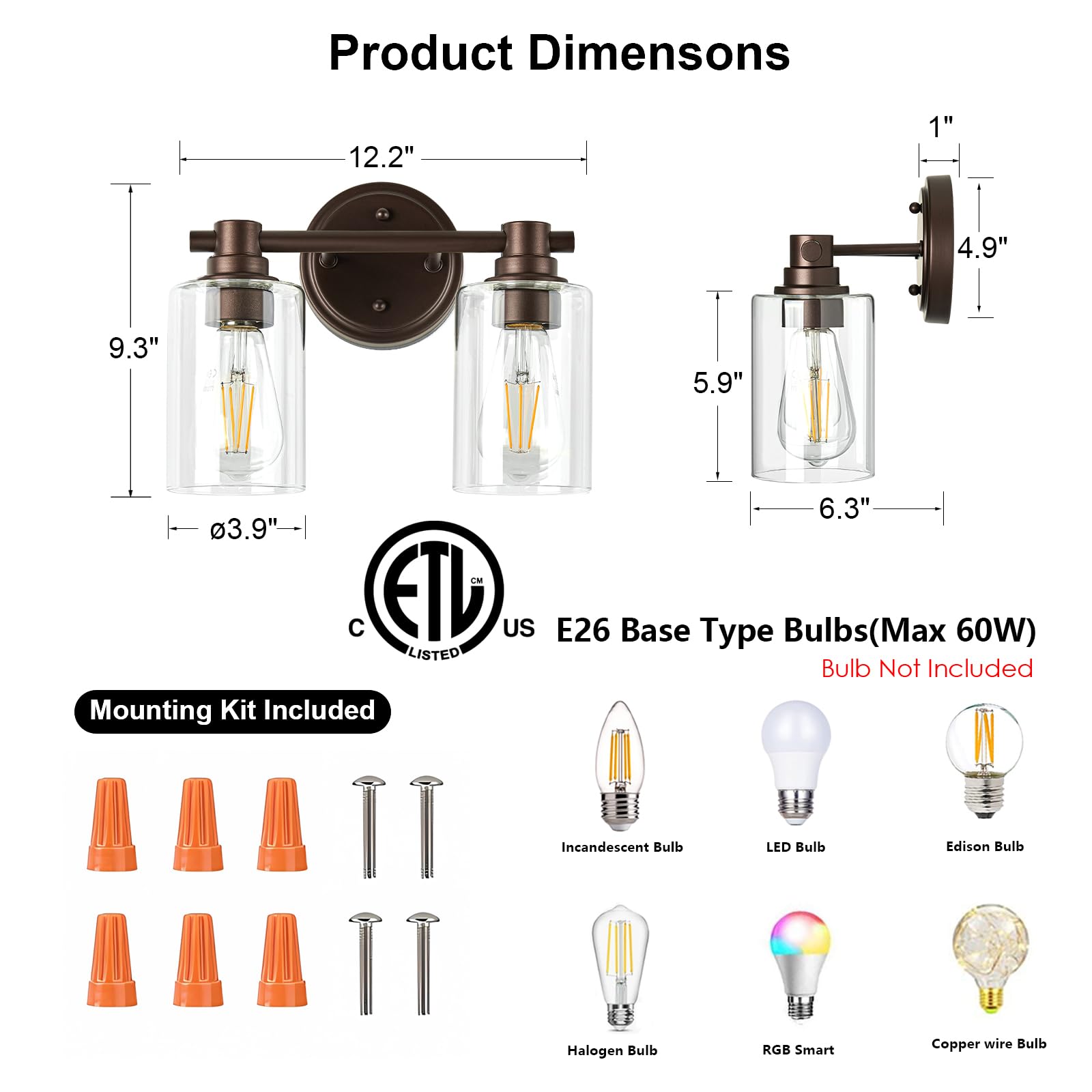 Alaislyc 2-Light Bathroom Wall Sconce, Oil-Rubbed Bronze With Clear Glass - Vanity Lighting