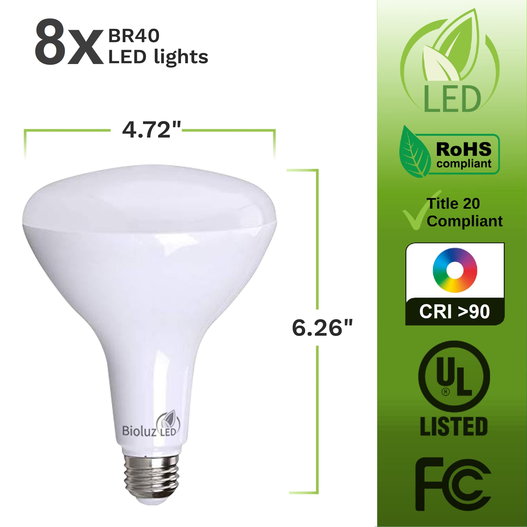 Bioluz LED BR40 Bulbs 16W (120W Replacement) 2700K Warm White 1400 Lumen, 8 Pack, Smooth Dimmable, Indoor/Outdoor,