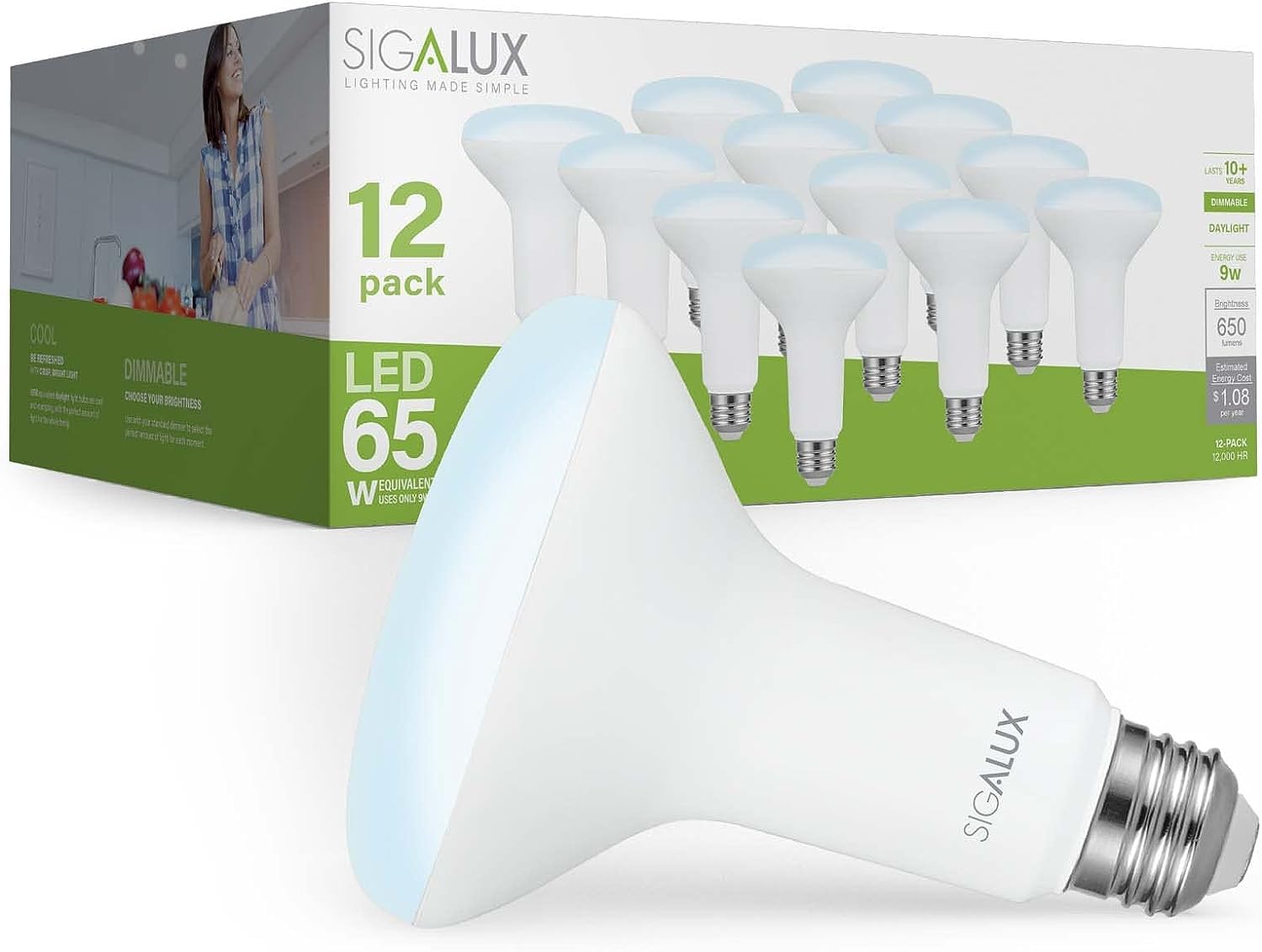 Sigalux BR30 LED Flood Light Bulbs, Dimmable 65W Equivalent, 650LM, 5000K Daylight, E26 Base, 12 Count (Pack of 
