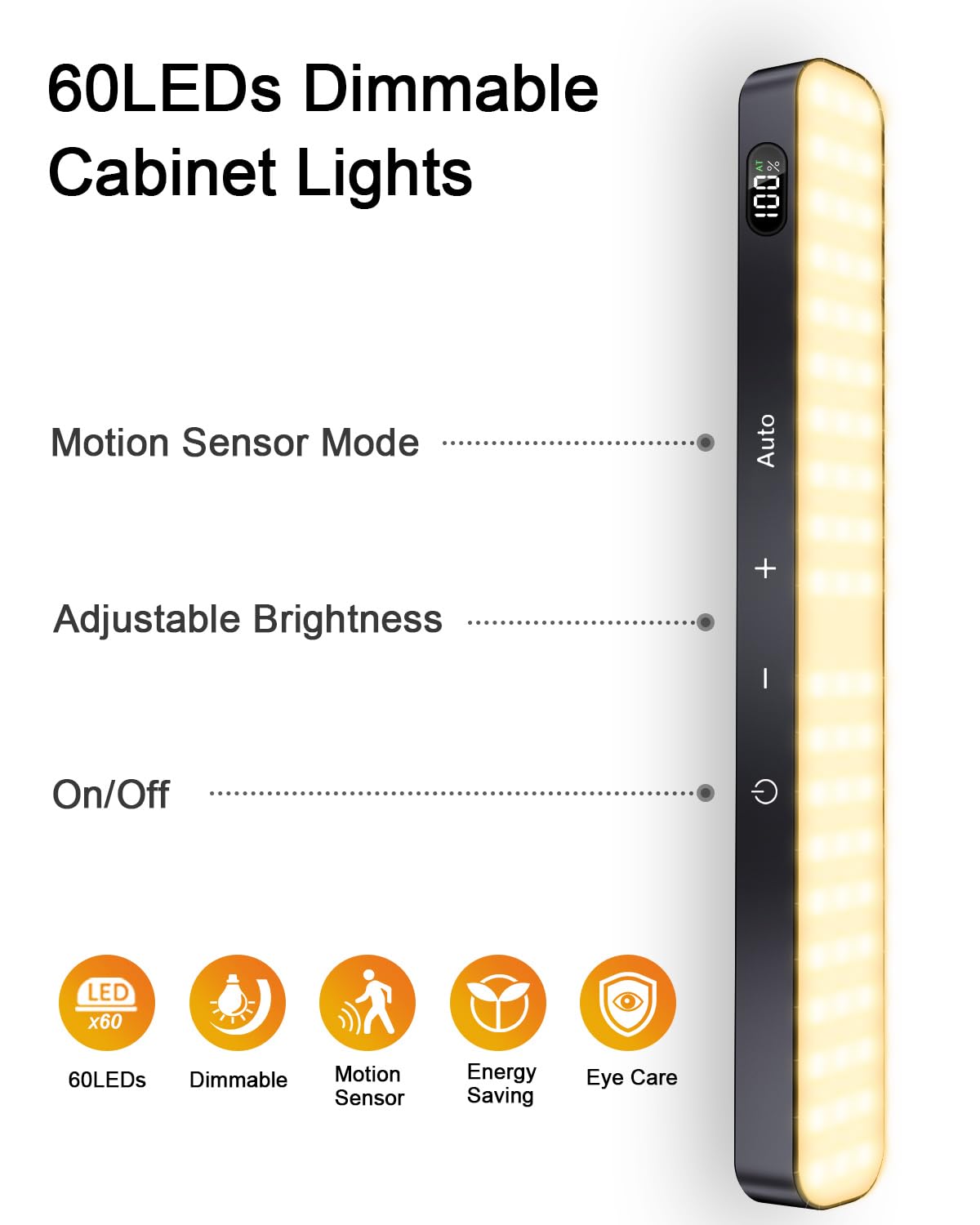Ferswe Closet Lights Rechargeable, Battery Level Display, Dimmable Battery Powered Lights, 3000K Motion Sensor Light Indoor, 60