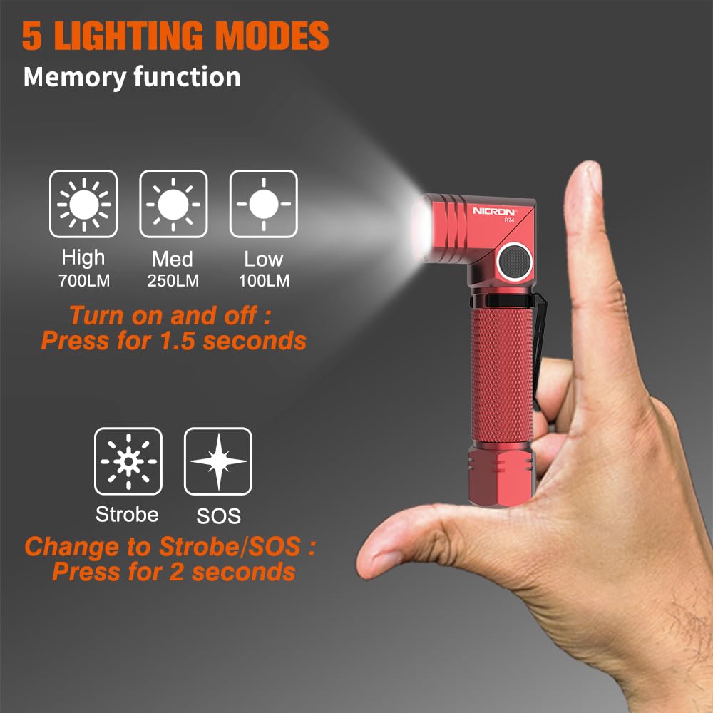 NICRON 700 Lumens 90° Rechargeable Pocket Flashlight, IP65 Waterproof, 5 Modes, LED Small Type - Red, Model B74-red