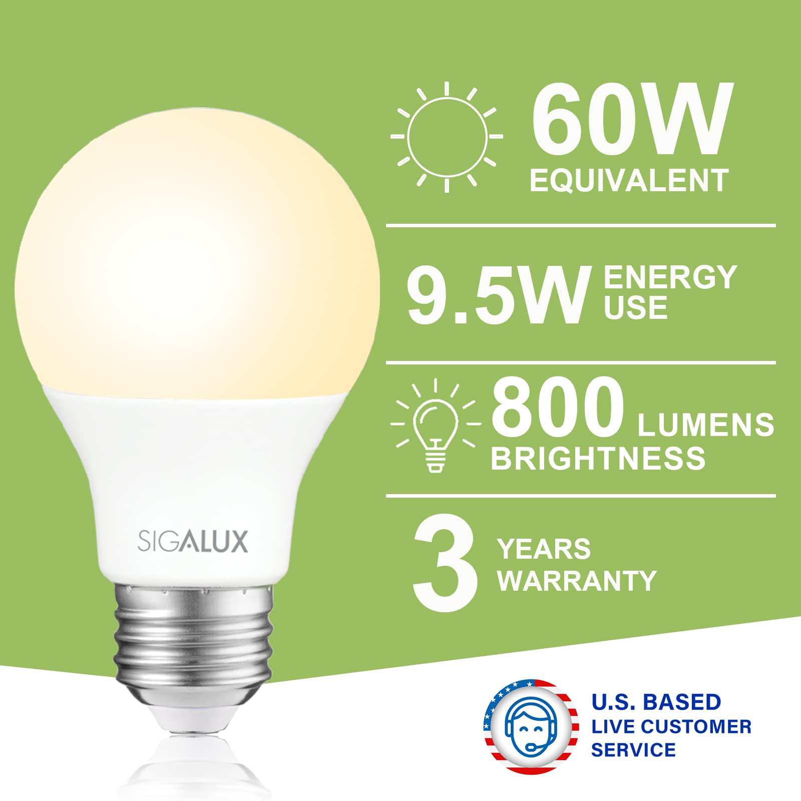 Sigalux Led Light Bulbs 60 Watt Equivalent A19 Standard Light Bulbs 2700K Warm, Non-Dimmable Energy Efficient 9.5W Led Soft Whit