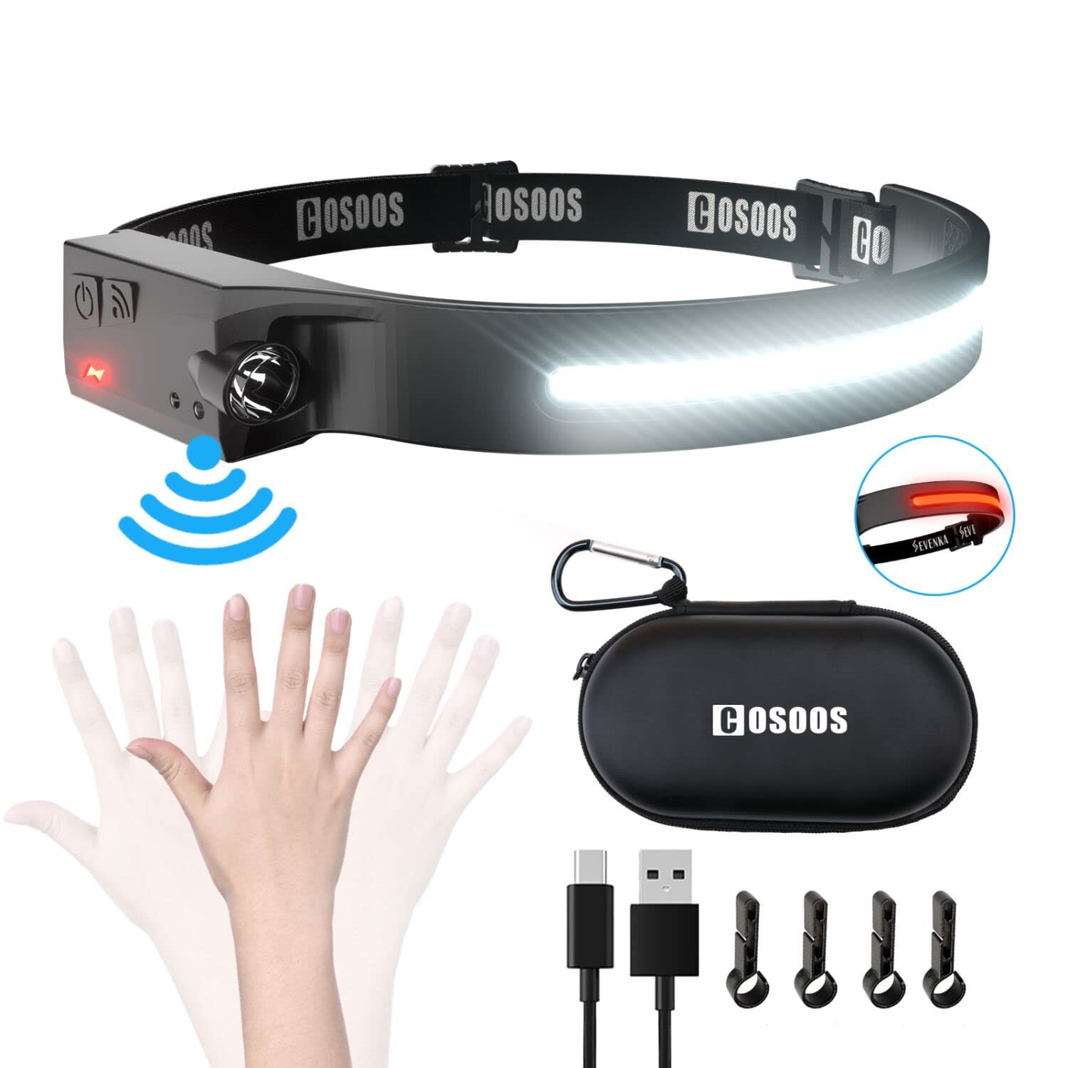 Cosoos Led Headlamp Rechargeable Flashlight With Red Light & Carry Case, 1000 Lumen Bright Headlamp Wide Beam & Spot Light,Senso