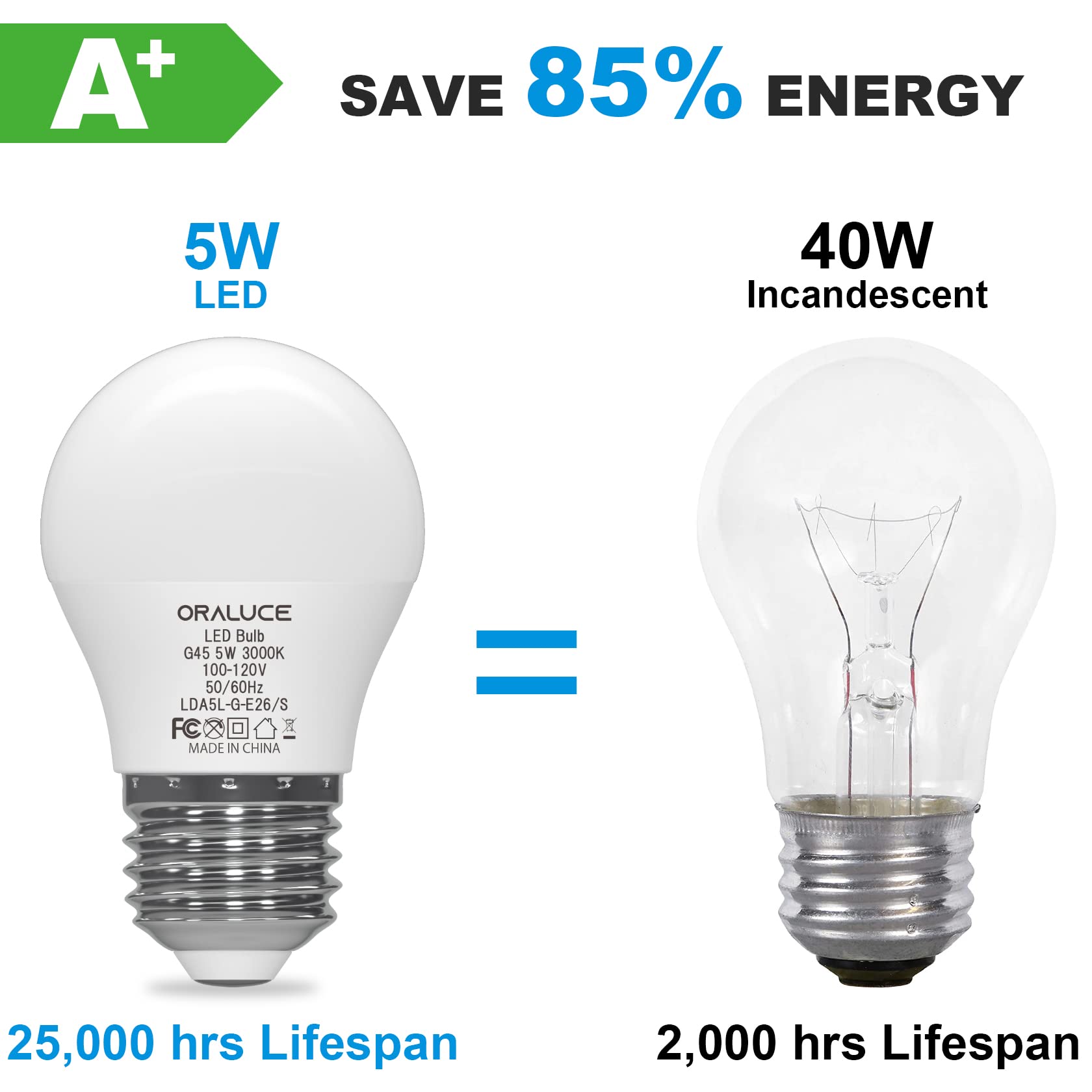 Oraluce A15 Light Bulbs 40 Watt Warm White 3000K, Small Led Light Bulb 5 Watt, G45 E26 Medium Base Lightbulb 450 Lumen For Appli
