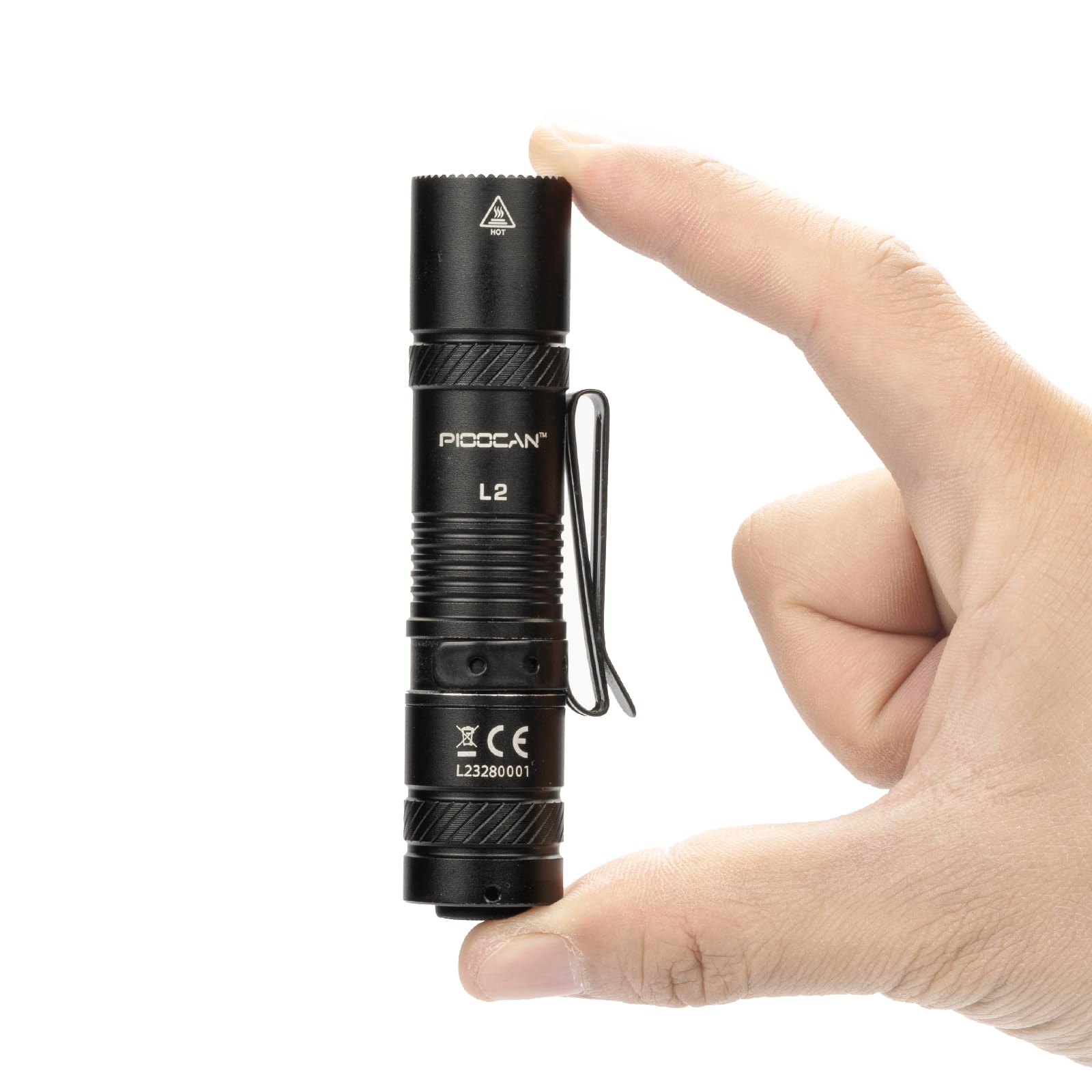 PIOOCAN EDC Flashlight 1200 Lumens, 4 Modes, Compact with Clip, Model L2-B, Black
