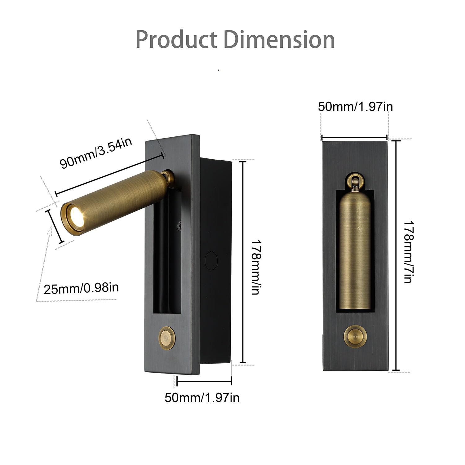 YFMYY LED Bedroom Wall Light Sconce - 360° Rotatable, Brass+Black, Metal, Model S-2306, Bedside Reading Lamp