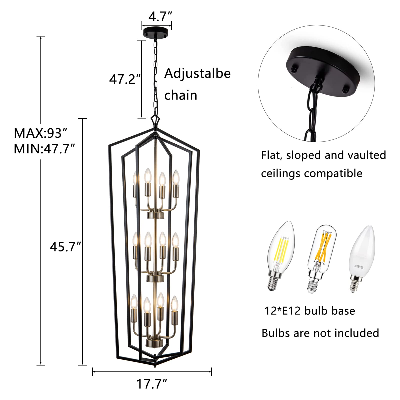 Lanhall 12-Light Industrial Pendant Chandelier, Metal, Brushed Nickel & Black, Model 500-100-1052, High Ceiling Foyer Entryway Lighting