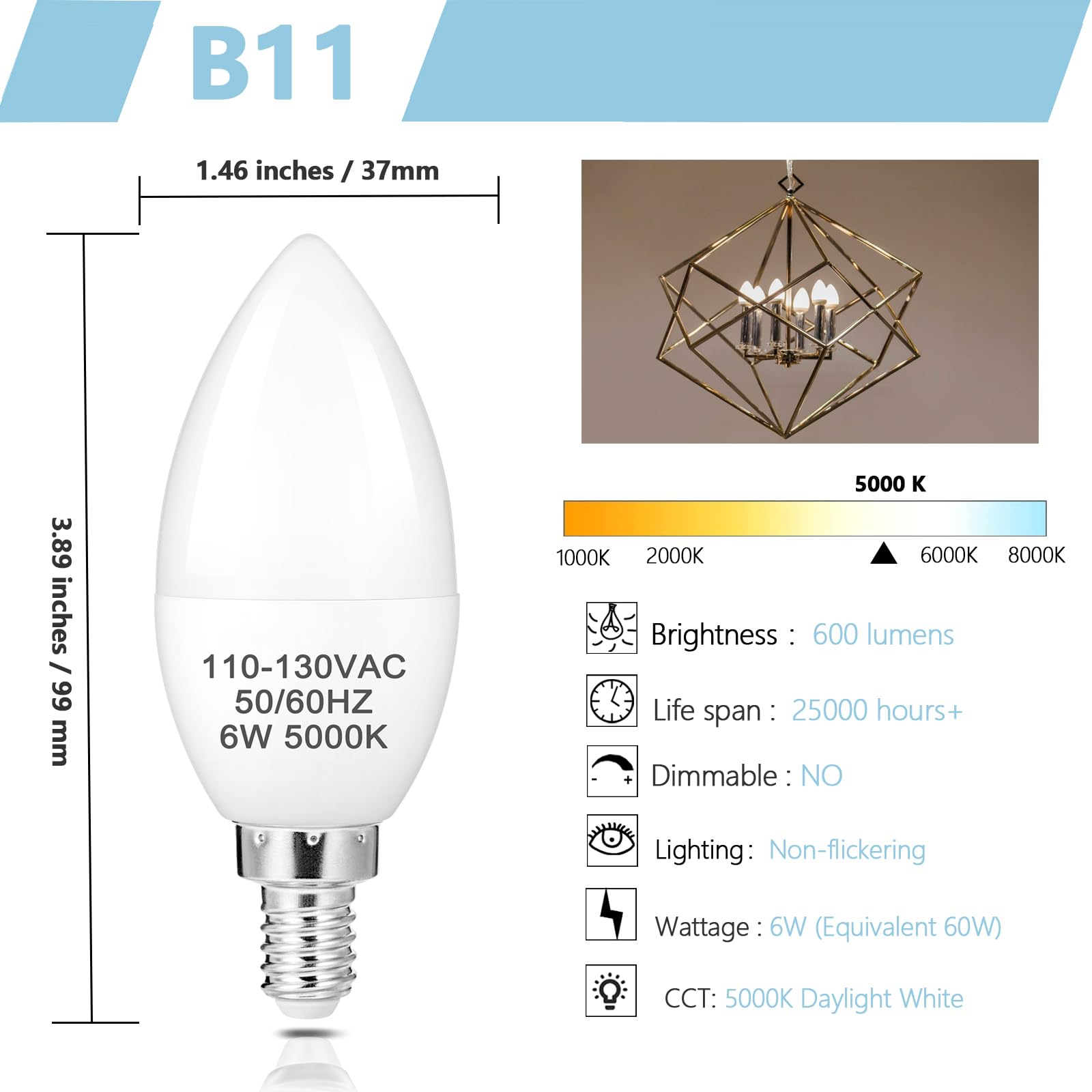 Diamiaq B11 Led Light Bulb Candelabra Light Bulbs 5000 Kelvin Daylight White Ceiling Fan Bulb Chandelier Bulbs Candle Bulbs For