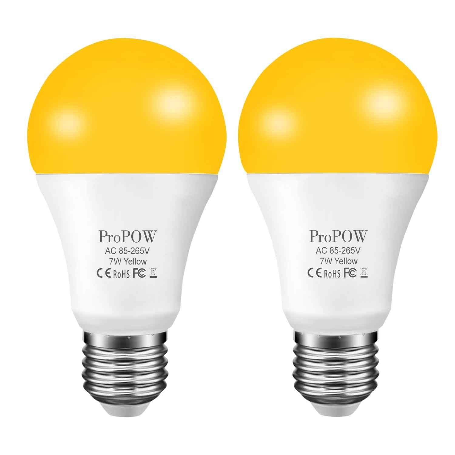 ProPOW Amber Yellow LED Light Bulb, 7W Dusk to Dawn, 580 Lumens, A19, E26, Non-Dimmable, 2 Count (Pack of 