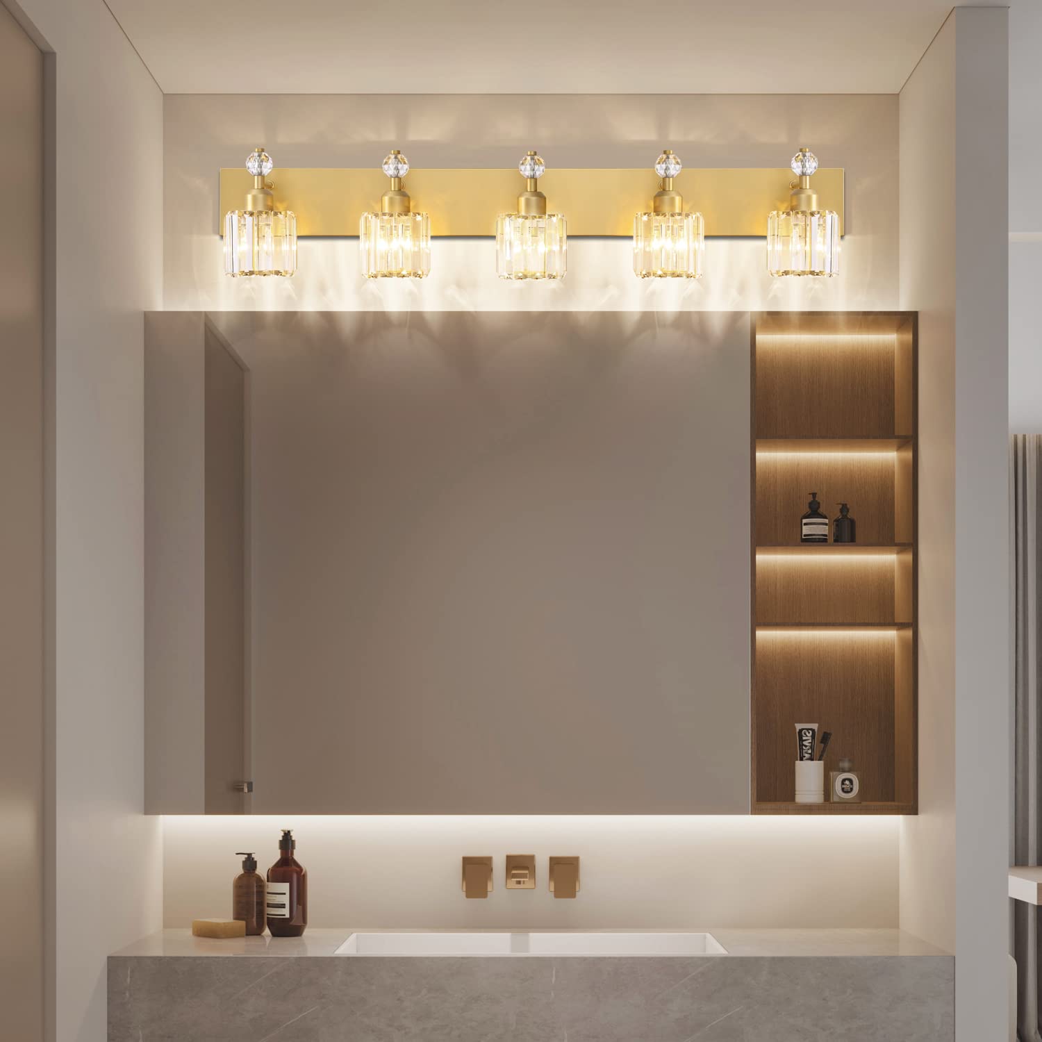 PRESDE Modern Crystal Vanity Light Fixture - 5 Light Bathroom Wall Light - Gold Finish, Stainless Steel with Metal