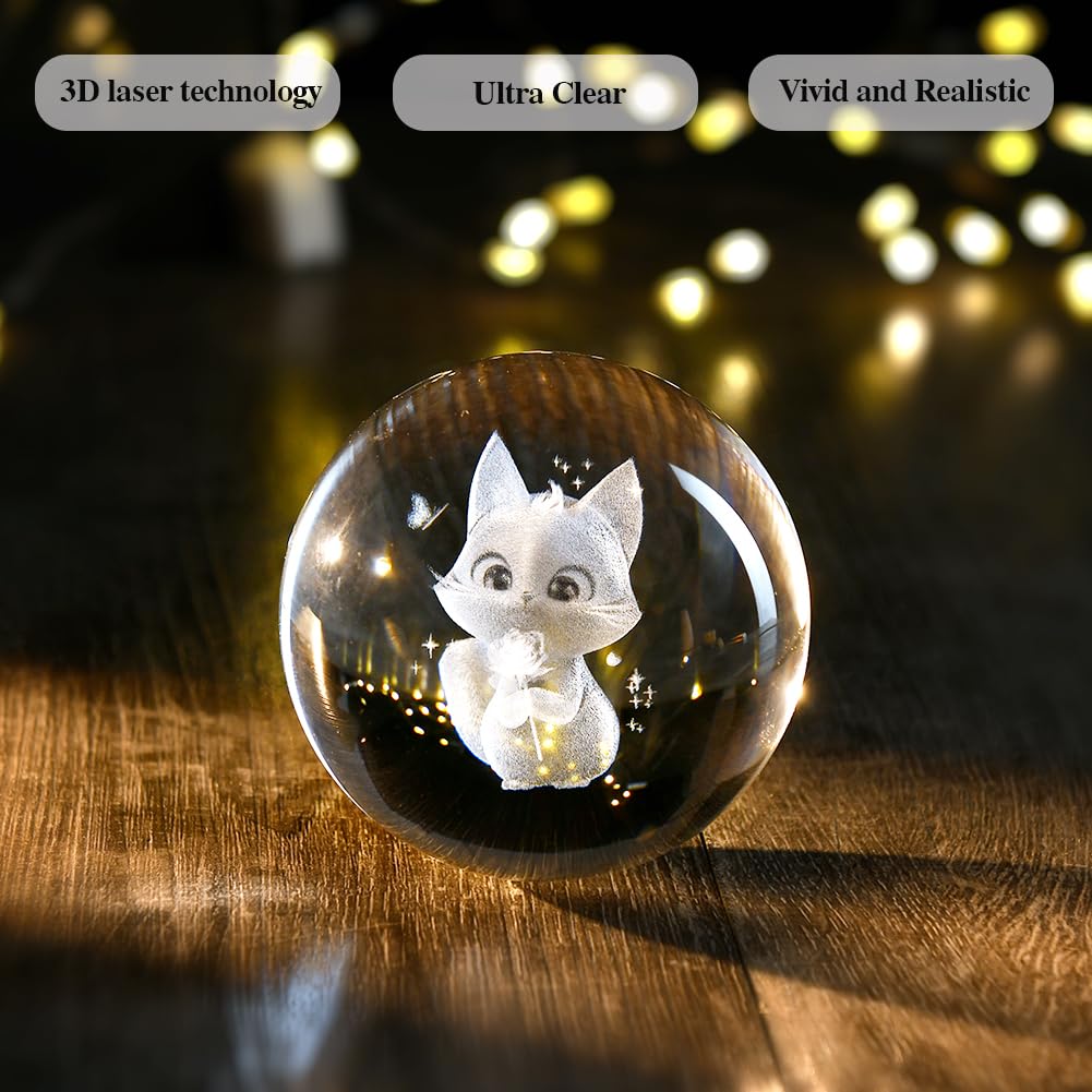 Zrenjhus 80Mm Cat Lover Gifts For Women 3D Cat Holding Rose Night Light Cat Crystal Ball Decor Kitten Holding Rose Collectibles