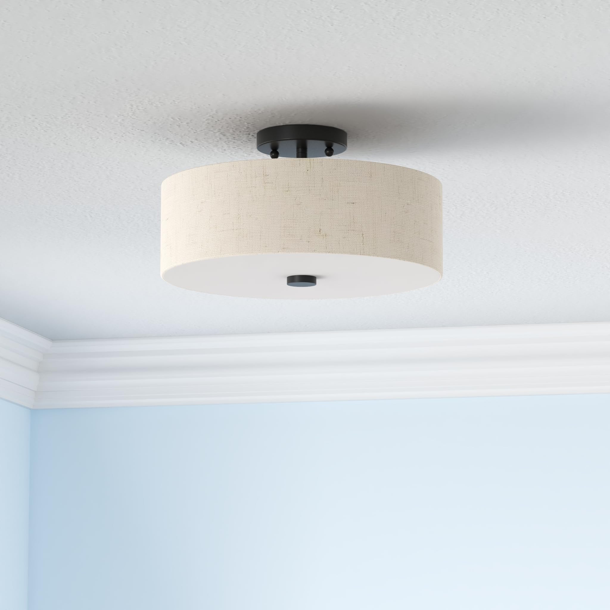 Livex Lighting 52135-92 Meridian Collection 3-Light Semi Flush Mount Ceiling Fixture With Oatmeal Color Fabric Hardback Drum Sha