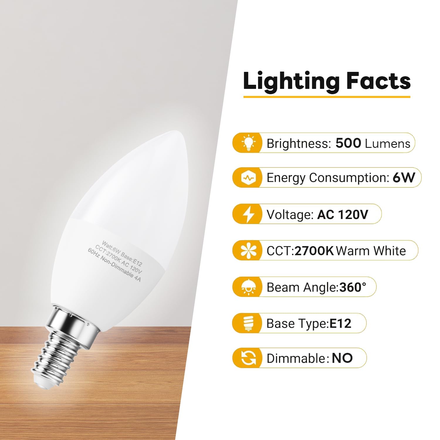 Hengbo Led E12 Led Candelabra Bulbs, 60W Equivalent E12 Light Bulbs, C37 Candle Base Chandelier Light Bulbs, Warm White 2700K, N