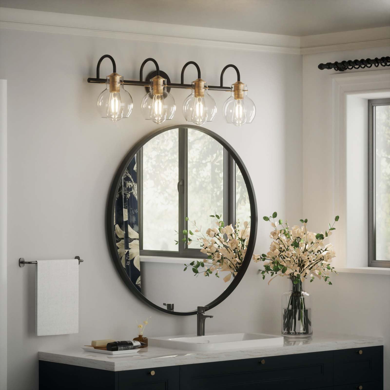 Primeplus 4 Light Bathroom Light Light, Black And Red Copper Bathroom Vanity Fixtures Over Mirror, Modern Copper Vanity Light With Clear Glass Shade, Black Wall Sconce For Bathroom, Bedroom