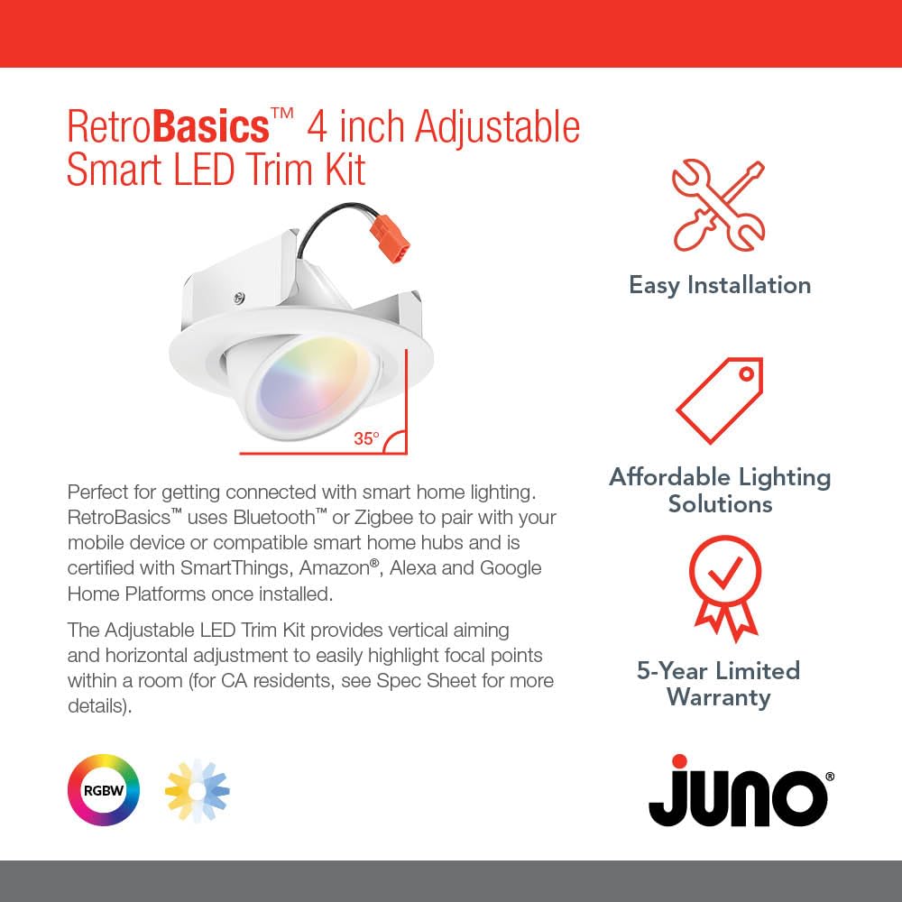 Juno 4-Inch RGBW Adjustable LED Downlight, Model RB4AC, Matte White Finish, Dynamic Color Options