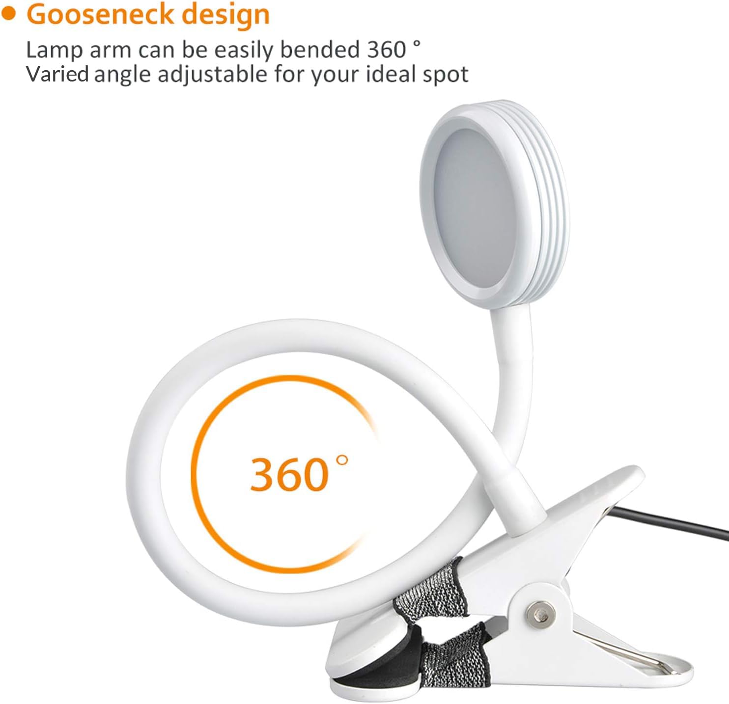 LEPOWER Clip-On Reading Light, Color Changeable Night Light for Desk & Bed, Adapter Included, White, 11*7.5*48.5cm