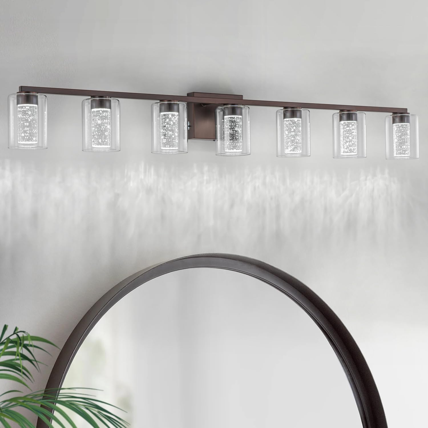 SineRise 7-Light Bronze Vanity Light, Dimmable LED, 3 Color Modes 3000K/4000K/6000K, Glass Shade, Model 3c316ef