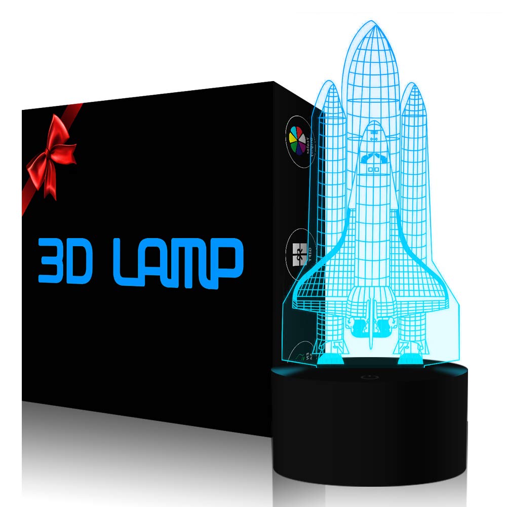 YKLWORLD Rocket Night Light 3D Illusion Lamp LED Touch Sensor USB Desk Lamp for Kids - 7 Color Changing, Space Shuttle Design