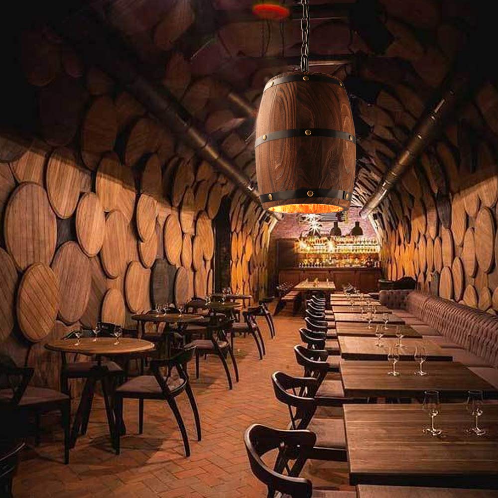 Newrays Antique Wood Wine Barrel Pendant Lamp, Rustic Ceiling Light Fixture, XS Size, Unique Design