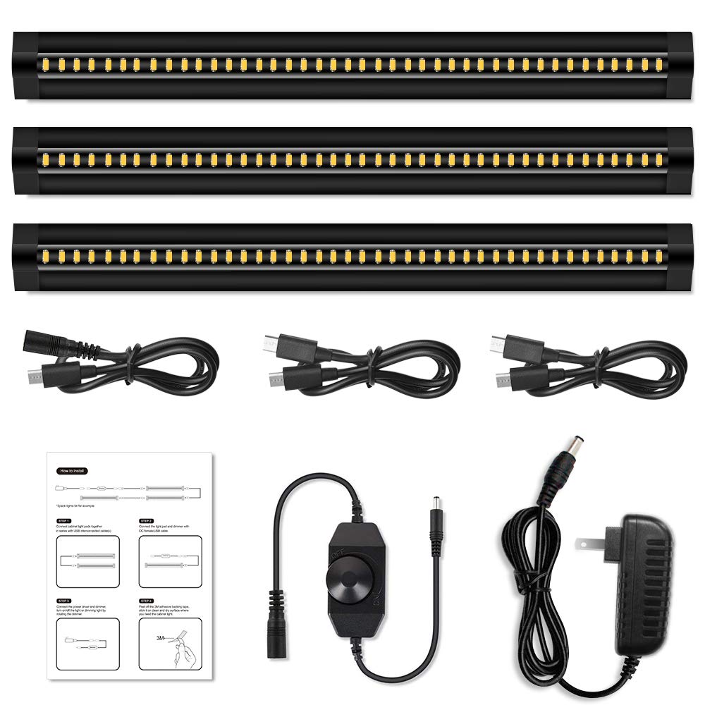 Inshareplus Led Under Cabinet Lighting, 13 Inch Dimmable, Warm White 3500K, Cri90+, 450Lumens, Dc 12V Ultra Thin Under Counter Kitchen Lighting For Kitchen, Shelf, Cupboard, Black, 3 Pack