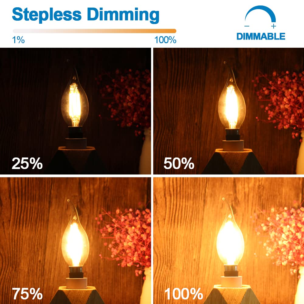 Langplus+ Dimmable E12 Candelabra Led Light Bulbs 4W 40W Equivalent, 2700K Soft Warm White Chandelier Bulbs, Flame Tip Candle Li