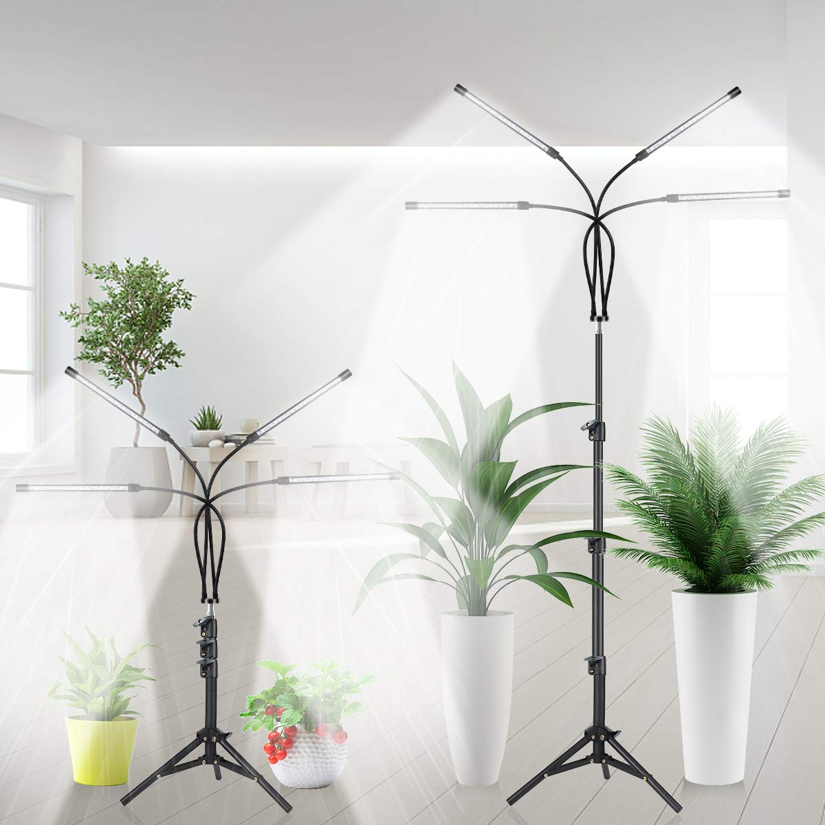 GHodec Grow Light with Adjustable Tripod Stand, 80 LED 5500K Full Spectrum, 5 Dimmable Levels, Auto Timer, Black & White