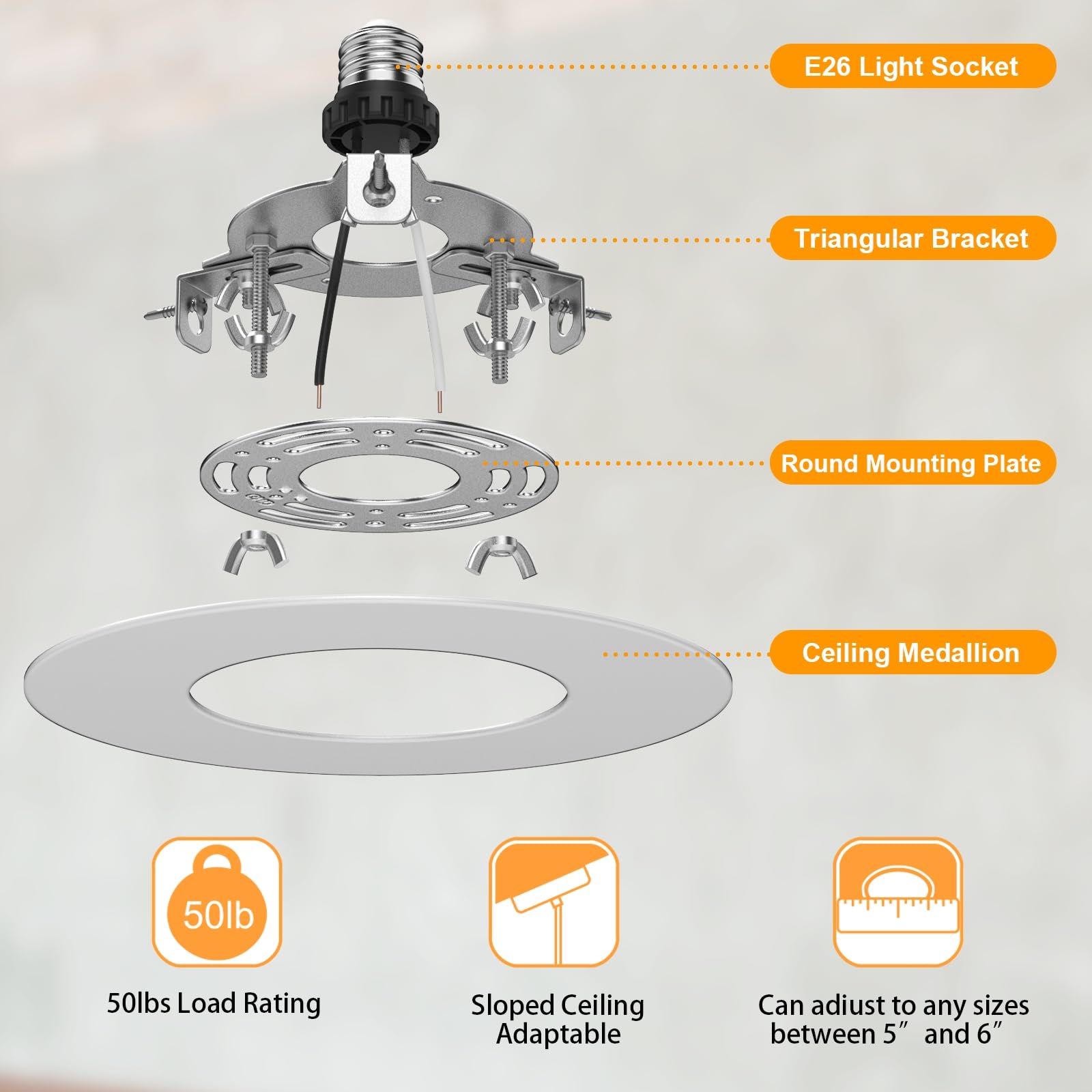 YIIZON R5-6-BAI Recessed Can Light Conversion Kit, 7¾" Flat Steel Medallion, White Finish, Pendant & Ceiling Fan Compatible