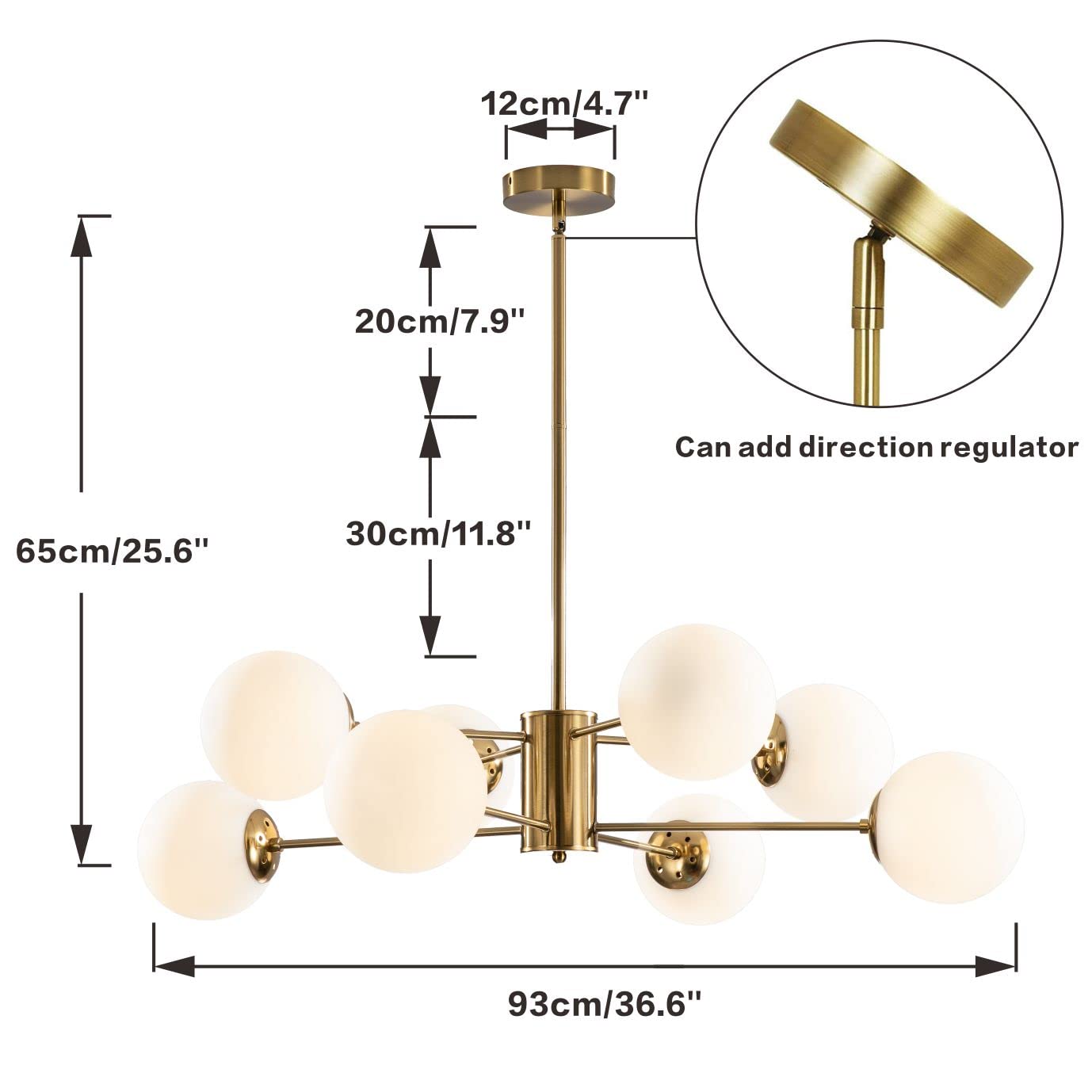 KCO 8-Light Glass Sputnik Chandelier Modern Gold Pendant Light Fixture - L1085-8-Head, Metal, White and Gold