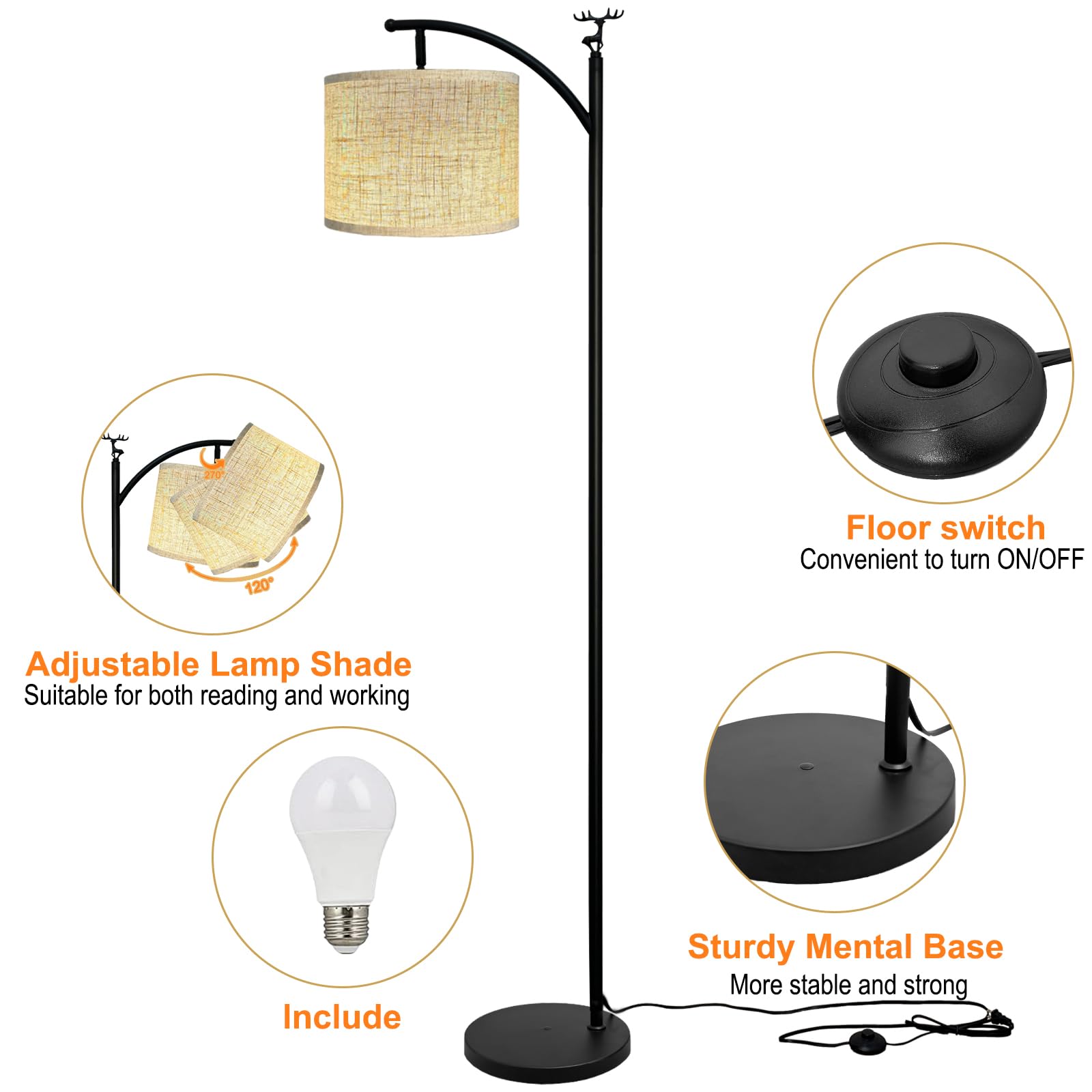 UBBETTER Floor Lamp, Modern Standing Lamp with 3 Color Temperatures, Metal Base, Model FA-001, High Linen Lampshade