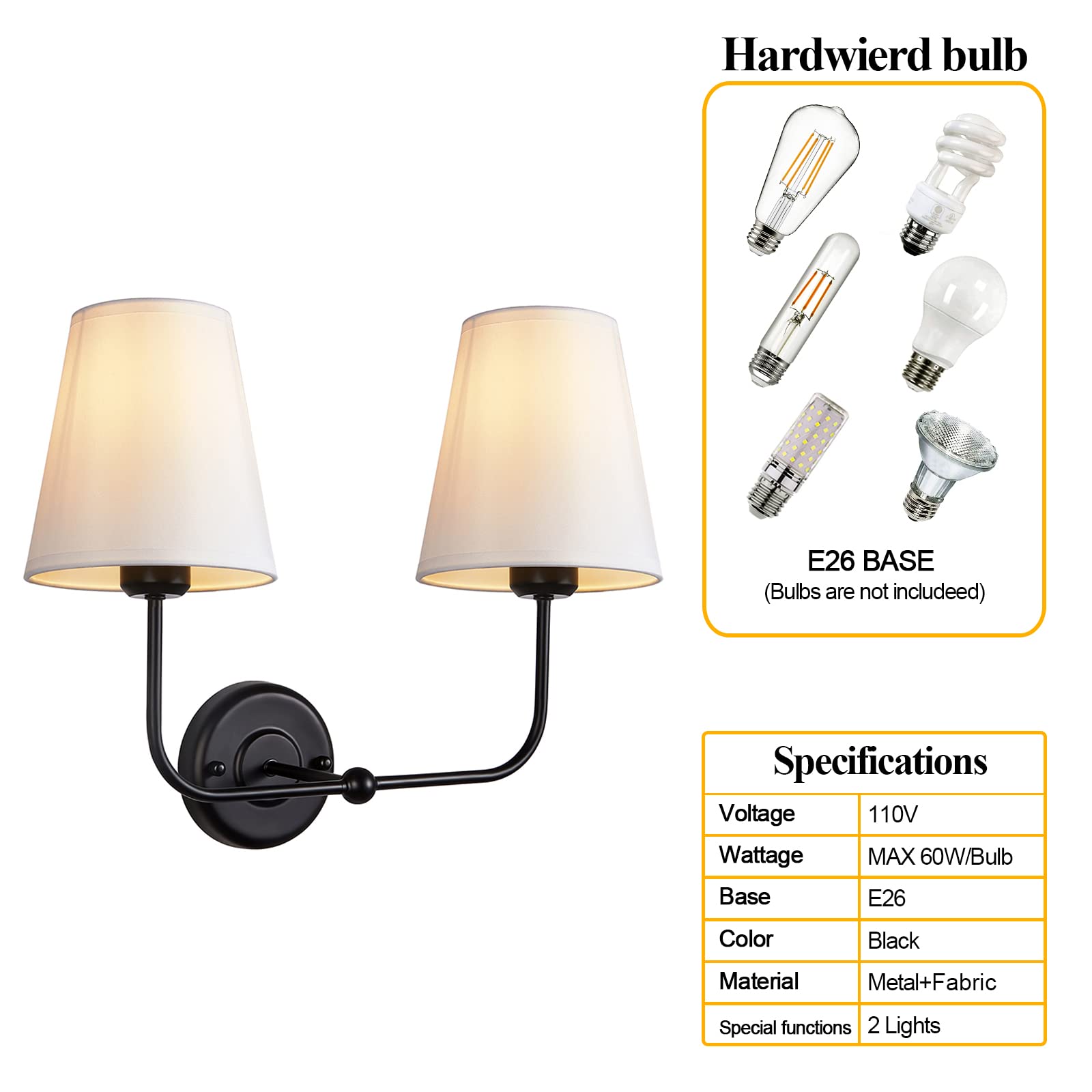 Passica Decor Hardwired 2 Light Modern Armed Wall Sconce With 2Pcs Flared White Fabric Shade Double Sconce For Bathroom Vanity L