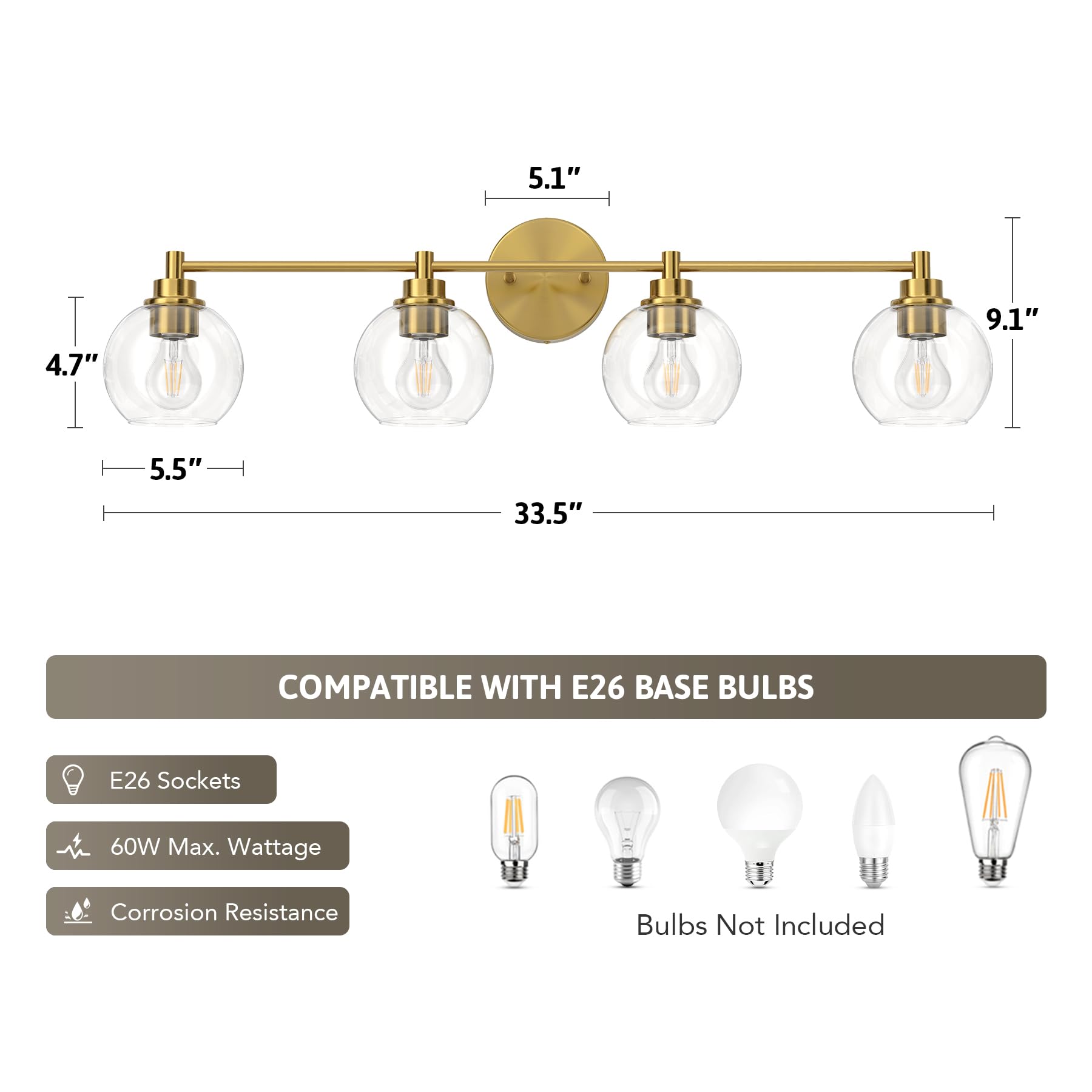 Vonluce Bathroom Light Fixtures, 4-Light Bathroom Vanity Light With Globe Glass Shades E26 Sockets, Bathroom Lights Over Mirror