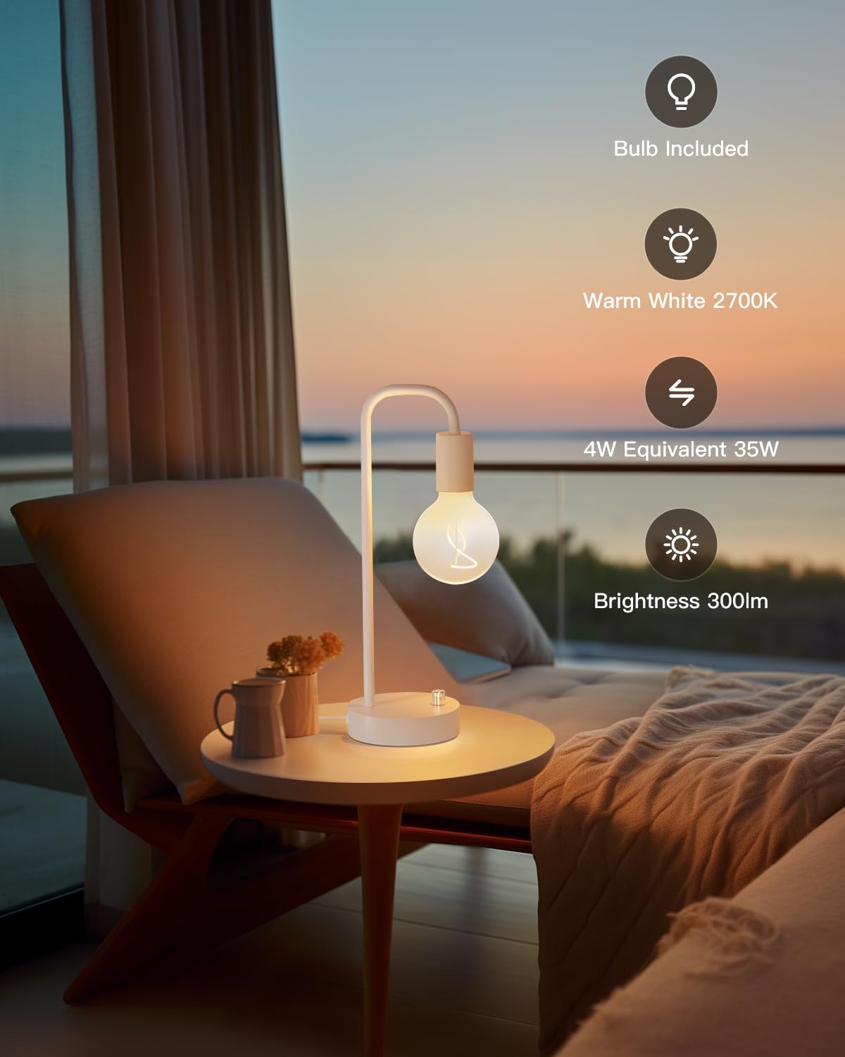 Onewish Dimmable White Table Lamp For Bedroom, Modern Metal Nightstand Lamp With Warm Light Bulb