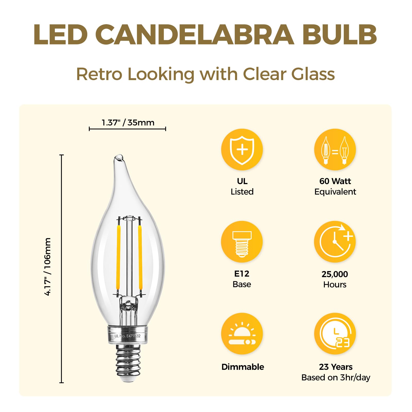 Hizashi E12 Led Candelabra Bulbs 60 Watt Equivalent, 90+ Cri Dimmable E12 Led Bulb Flame Tip Chandelier Light Bulbs, 6W 550Lm 30