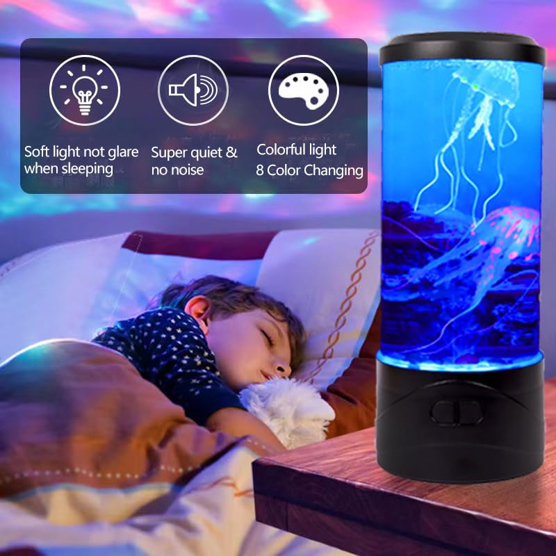 Toycol Bubble Jellyfish Lamp - 8 Color Changing LED Night Light for Home Decor - Vinyl Aquarium Mood Light