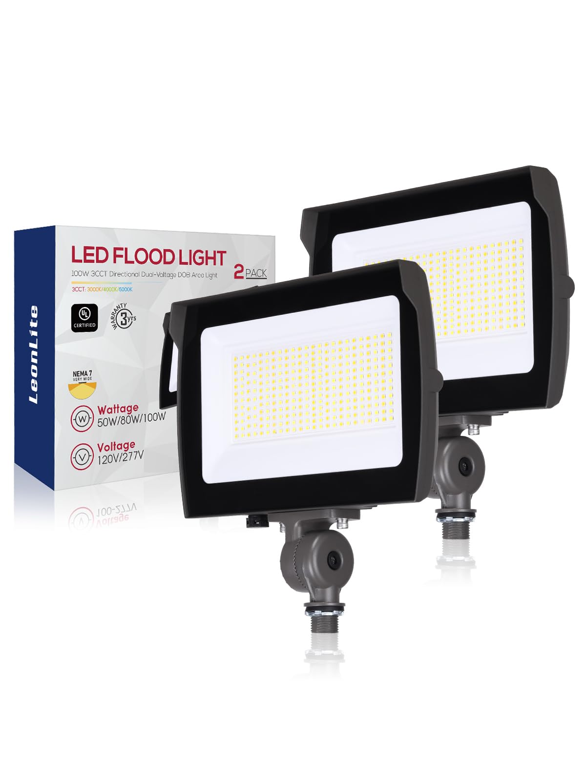 LEONLITE 100W/80W/50W Adjustable LED Flood Light Outdoor with Knuckle Mount, UL Listed, 5000K/4000K/3000K Selectable, 120/277V, 