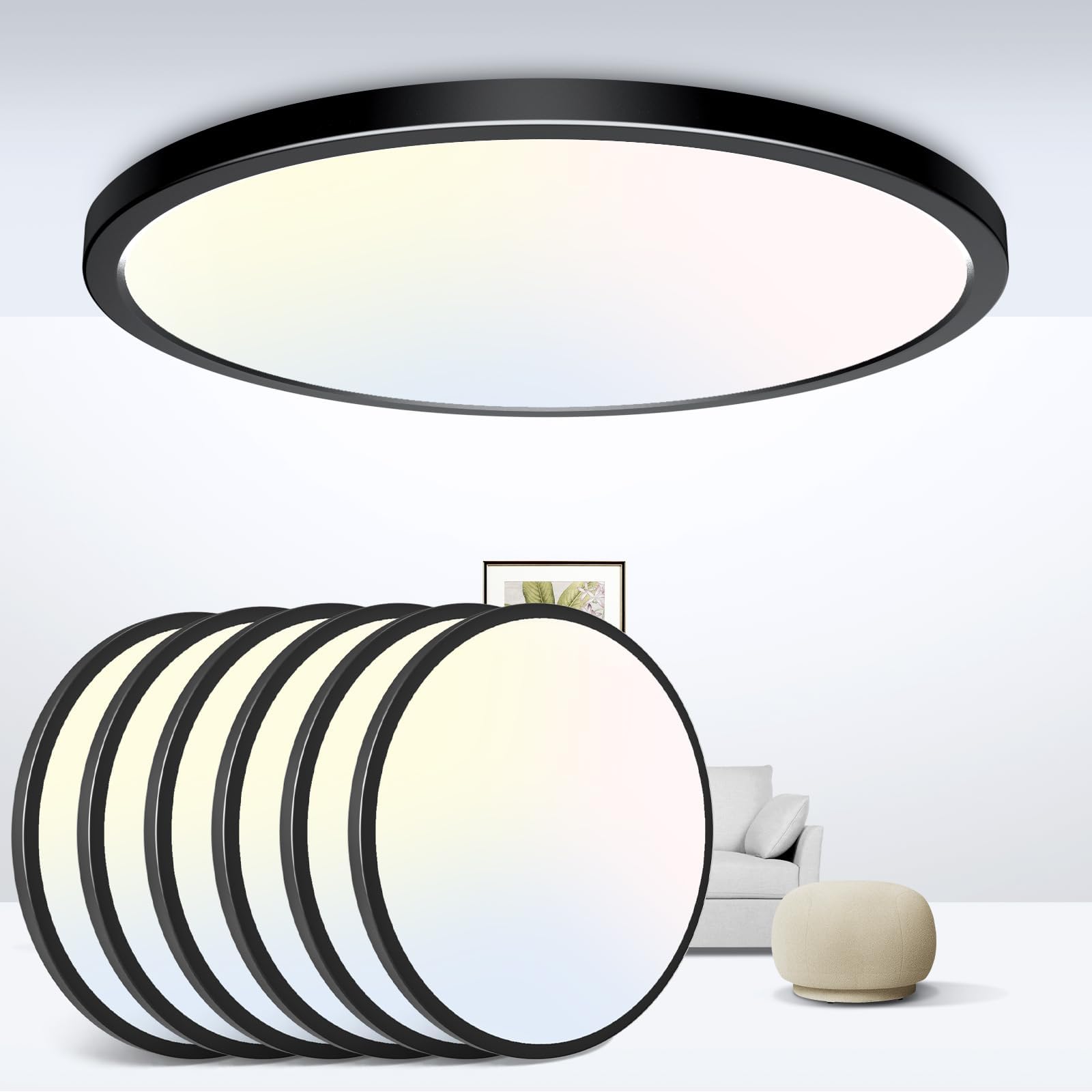 zemty LED Ceiling Light 9 Inch,24W 2400lm Bright Flush Mount Light Fixture 3000K/4500K/6000K Adjustable, Black Thin Flat Ceiling