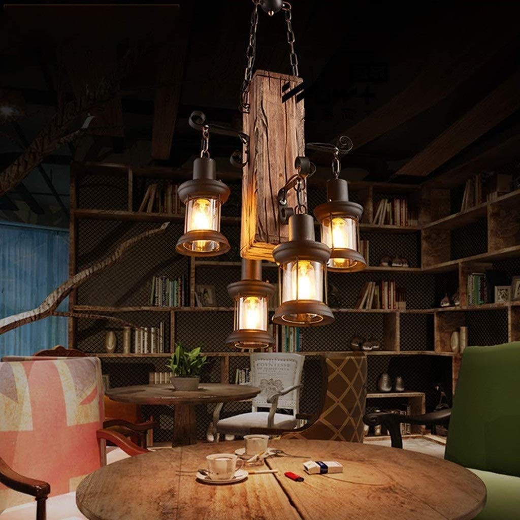 Wood Retro Pendant Lighting Industrial Vintage Chandelier Black Metal Bedroom Restaurant Suspension Lamp Cage Frame with Glass Shade House Loft Bar Coffee Decoration Ceiling Lights Fitting  E27