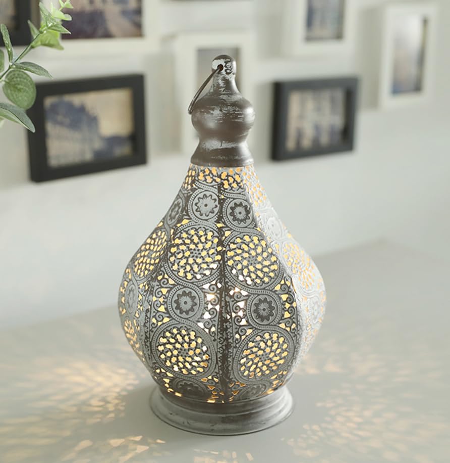 Jhy Design Vintage Moroccan Lantern Table Lamp, Battery Powered, 11.5" Metal Cordless Lamp