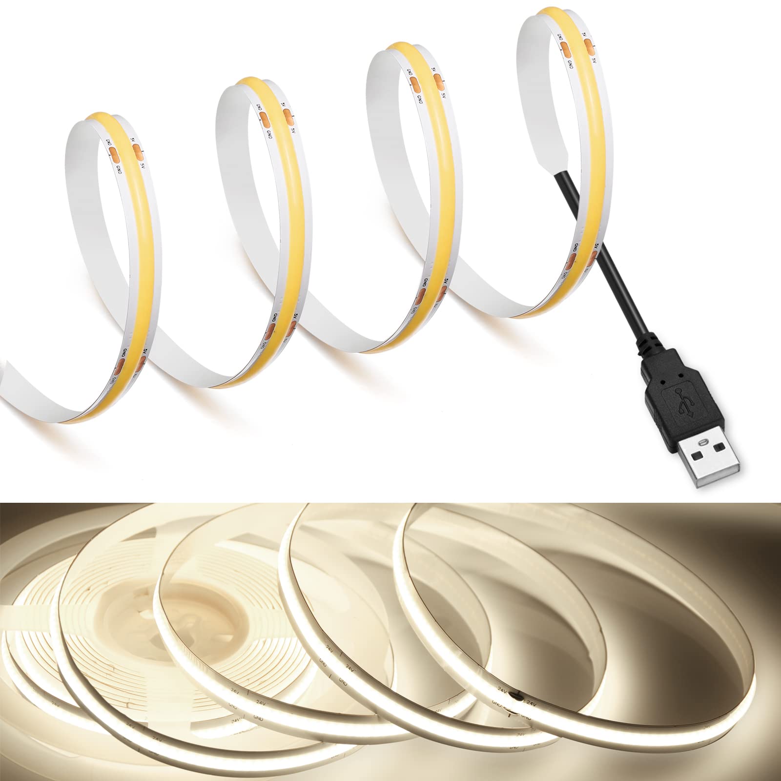 MDee COB LED Strip Lights 4000K Nature White, 16.4ft/5m, USB Powered, Flexible, Model LEDSTRIPLIGHT, CRI 90+