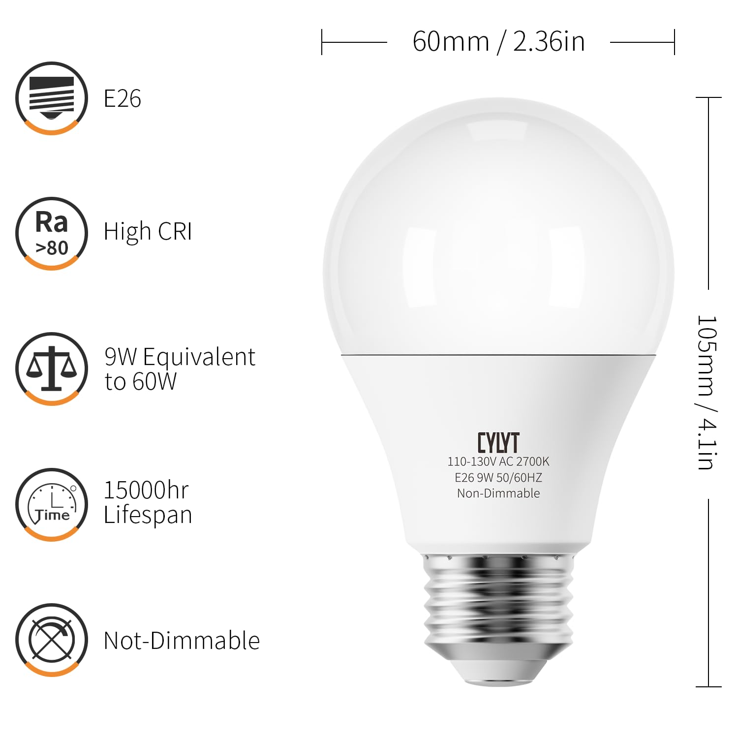 CYLYT LED Light Bulbs 9W 800 Lumen Warm White 2700K E26 A19 Non-Dimmable 4-Pack